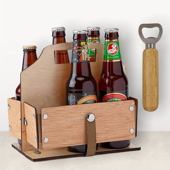 New Adventure is Out There Beer Caddy w/Bottle Opener - Light Brown - Picture 1 of 4